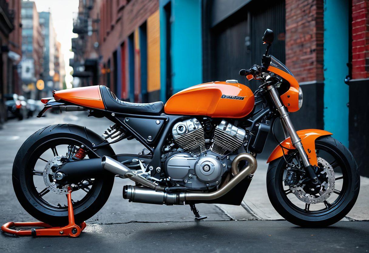 A sleek motorcycle with vibrant custom paint and stylish accessories, positioned against an urban backdrop. The scene showcases a variety of trendy riding gear, like jackets and helmets, displayed in an artistic manner. The focus should be on the fusion of functionality and fashion in motorcycle enhancements. Surround the motorcycle with tools and parts to represent maintenance, blending the two themes seamlessly. super-realistic. vibrant colors. urban setting.