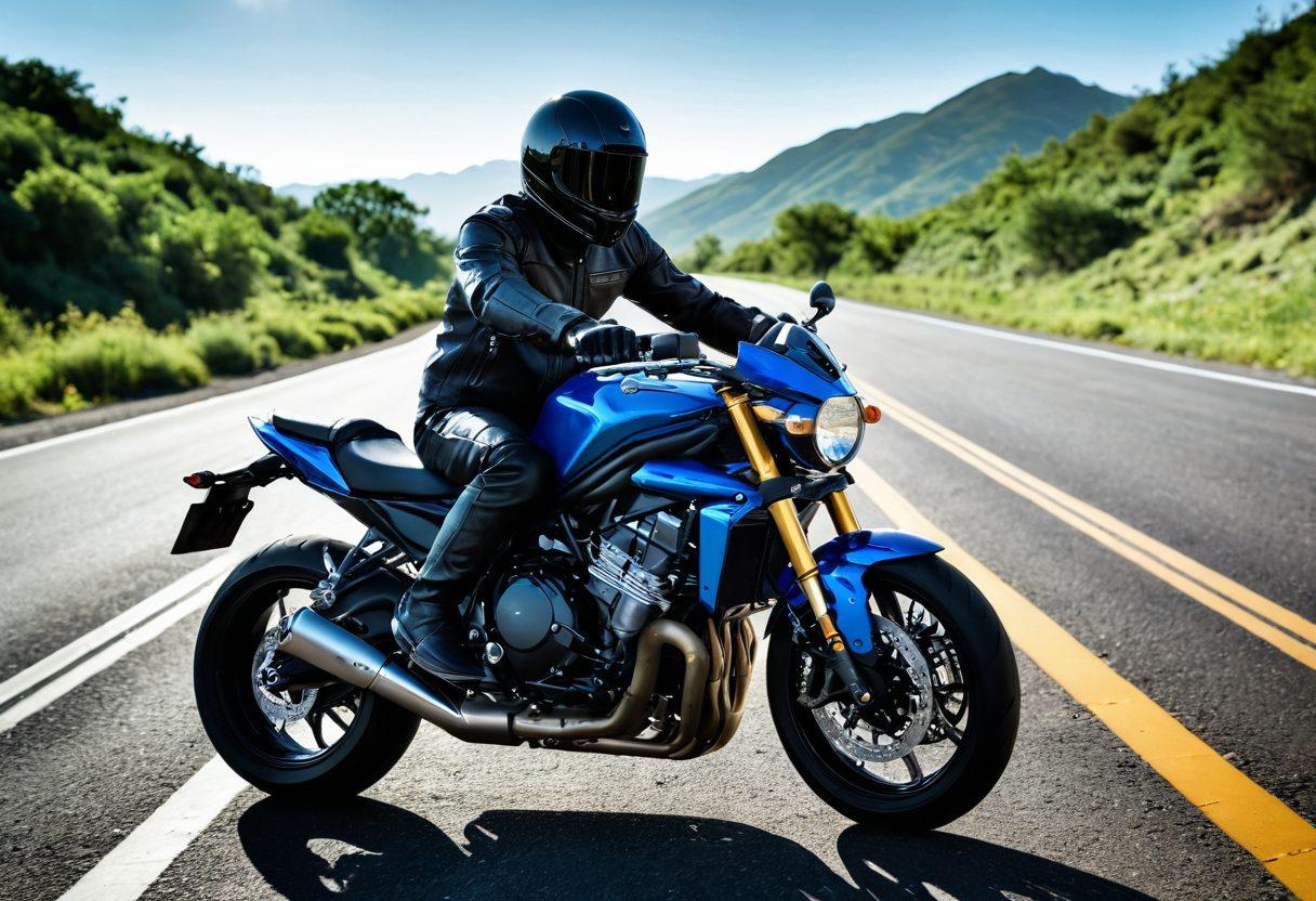 A dynamic composition showcasing a collection of high-quality motorcycle gear, including helmets, gloves, jackets, and boots, artfully arranged on a sleek motorcycle. The background features a scenic winding road surrounded by lush green landscapes and a clear blue sky to evoke the thrill of the open road. The image conveys both style and safety, highlighting essential gear for passionate bikers. super-realistic. vibrant colors. dramatic lighting.