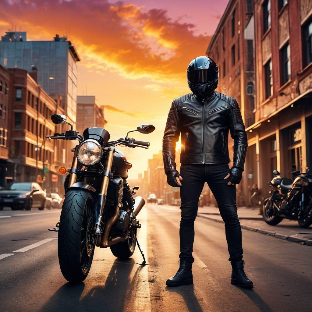 A rugged yet stylish biker wearing a sleek helmet and a fashionable leather jacket, standing beside a powerful motorcycle. The scene captures the essence of safety with visible protective gear, contrasted against a vibrant city backdrop showcasing a sunset. Elements of freedom and adventure are present, like an open road ahead and gentle winds blowing. The atmosphere exudes confidence and lifestyle elegance. super-realistic. vibrant colors. dynamic composition.
